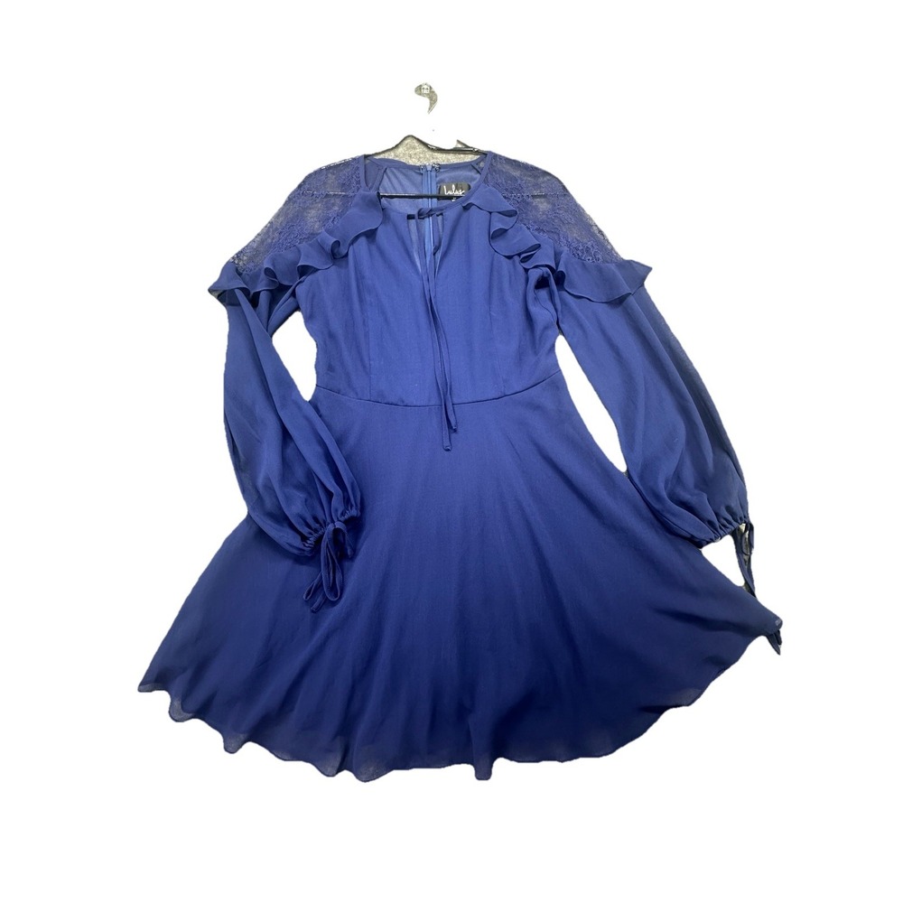 Lulus Lace Sleeve City Of Love Skater Dress Boho Romantic Blue Size M